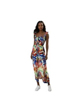 Women’s Colorful Boho Maxi Dress Smocked Top, Adjustable Straps, Floral Print S